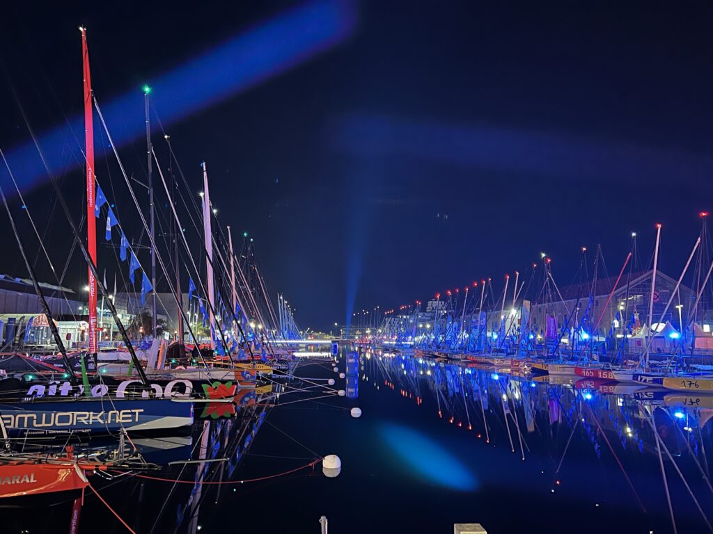 Sailboats docked at night in port ahead of the Transat Jacques Vabre 2023, © Juan Alejandro Andujar Cuenca.