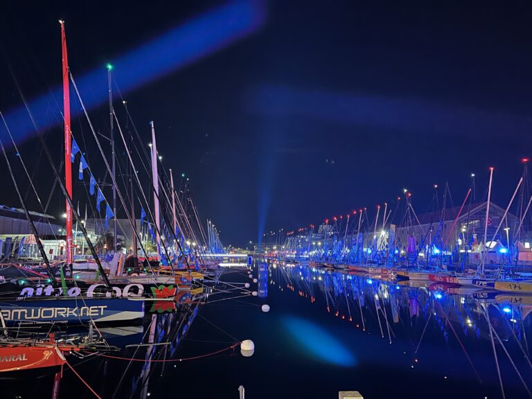 Sailboats docked at night in port ahead of the Transat Jacques Vabre 2023, © Juan Alejandro Andujar Cuenca.